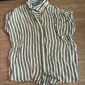 Green and White Striped Short Sleeve Blouse